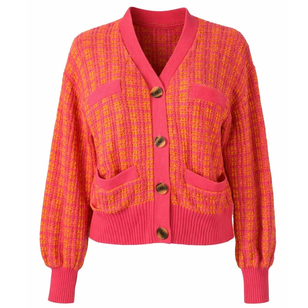 Eclectic Grandpa Hot Pink Yellow Plaid Knit Cardigan Sweater Button Pockets XS